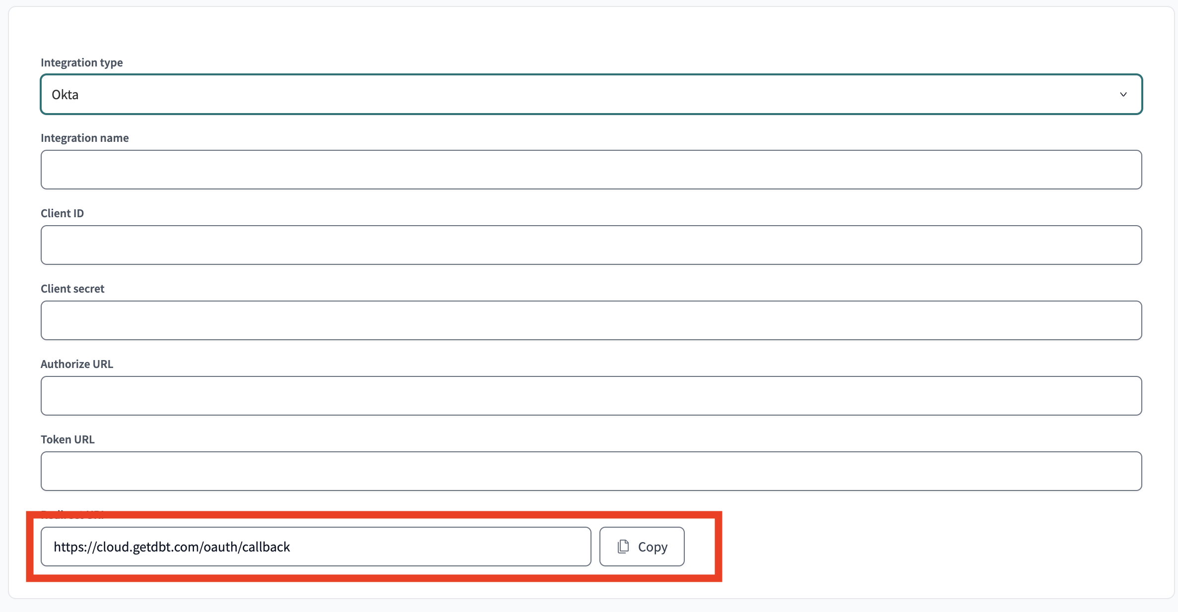 Copy the callback URI at the bottom of the integration page in dbt Cloud. Copy the callback URI at the bottom of the integration page in dbt Cloud.